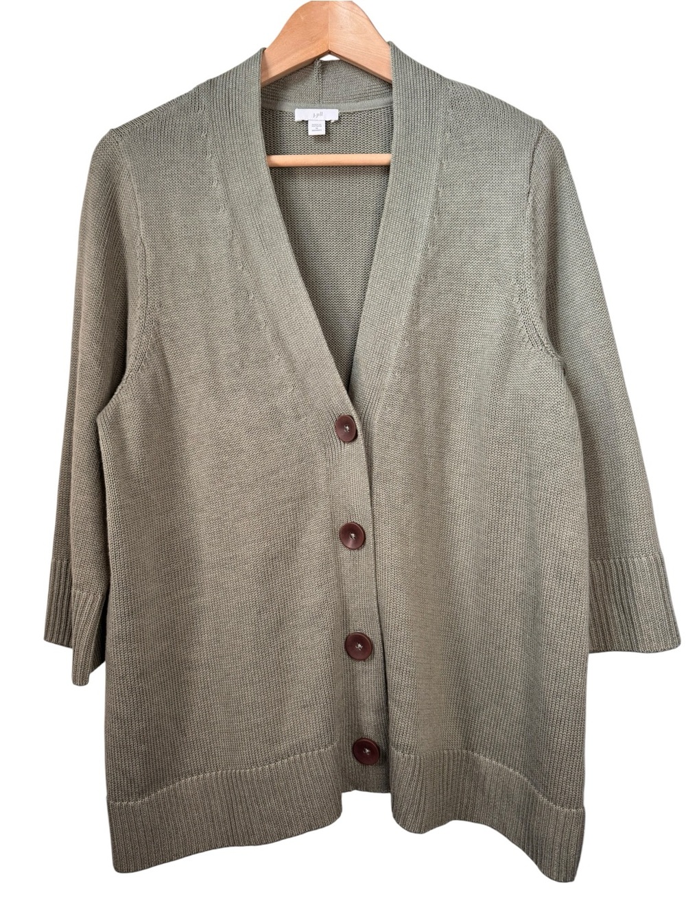J Jill Green Cotton Blend V-Neck Cardigan Sweater Size 1X Button Up Relaxed Fit